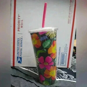 Vera Bradley Cold Drink Tumbler Plastic Floral Cup Lid Straw Pink